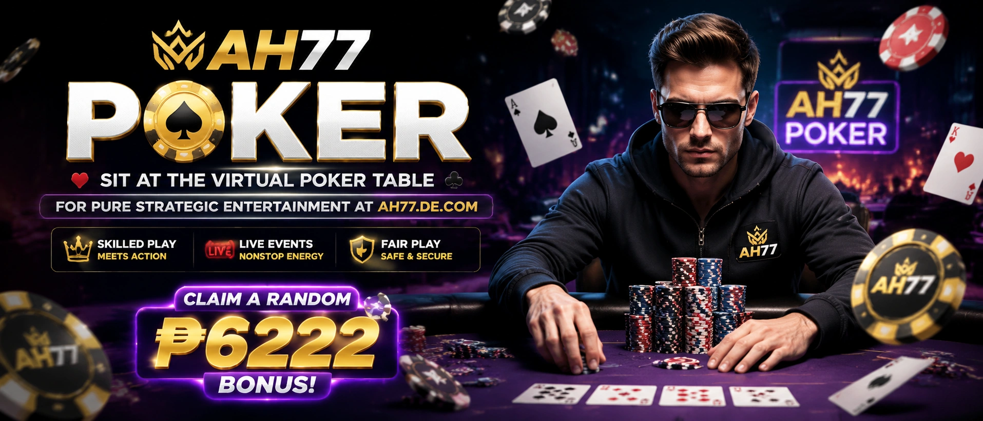 AH77 poker promotional artwork with a mobile-first table theme