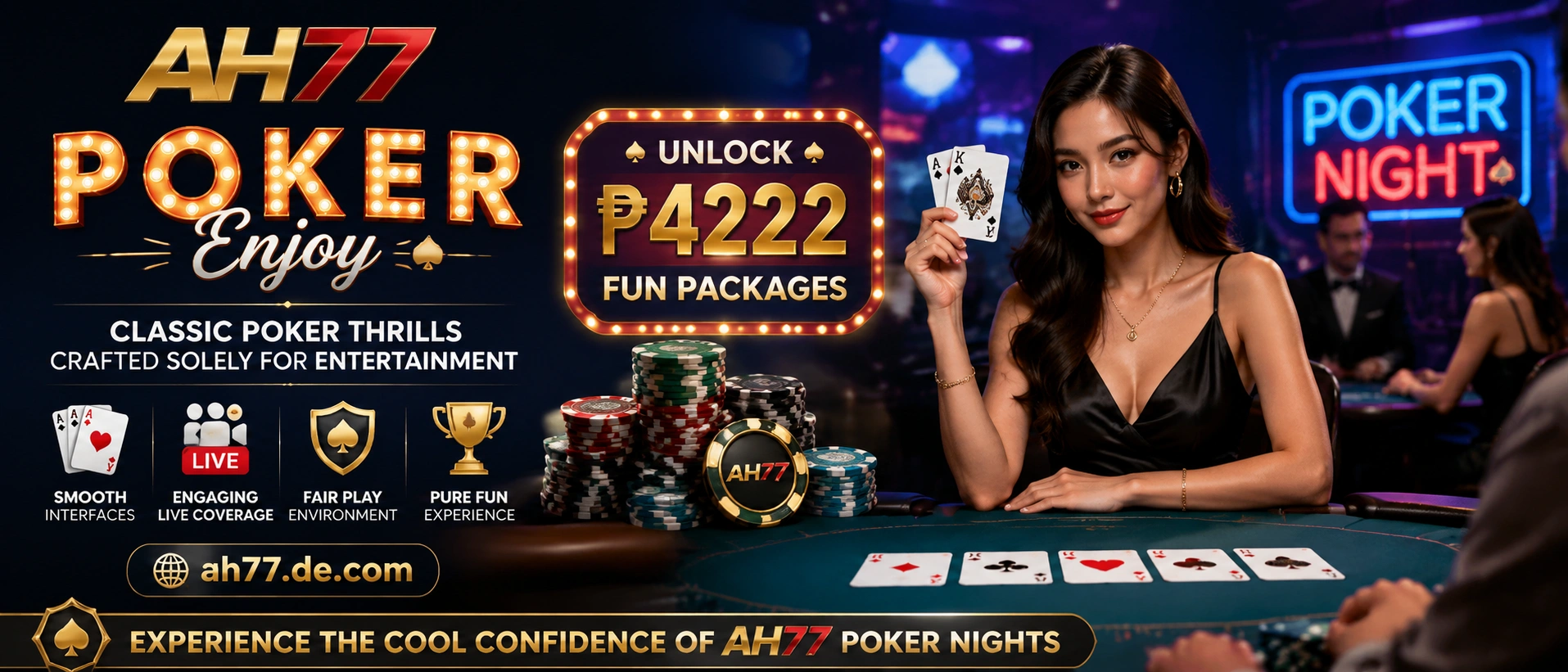 AH77 poker promotional artwork featuring poker room styling